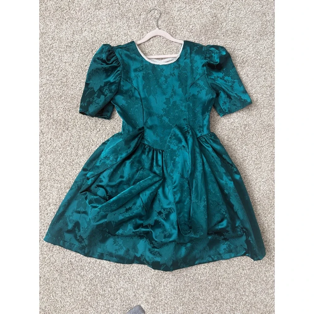Vintage Disorderly Kids Emerald Green Floral Jacquard Dress Girls14 Made in USA
